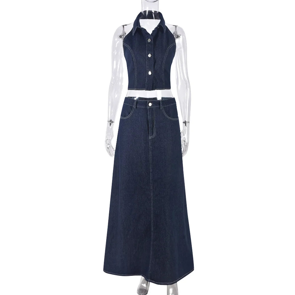 Backless Washed Denim Skirt Set