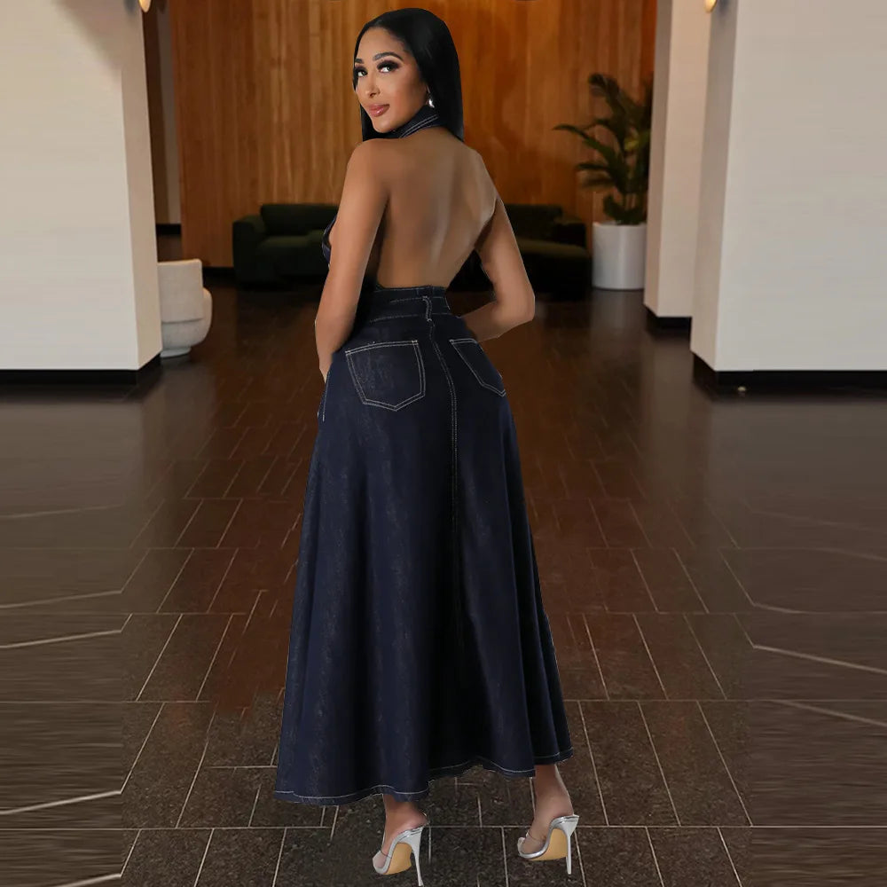 Backless Washed Denim Skirt Set