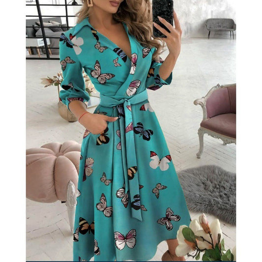 Fashionable Short-Sleeved V-Neck Printed Dress