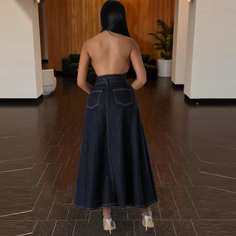 Backless Washed Denim Skirt Set